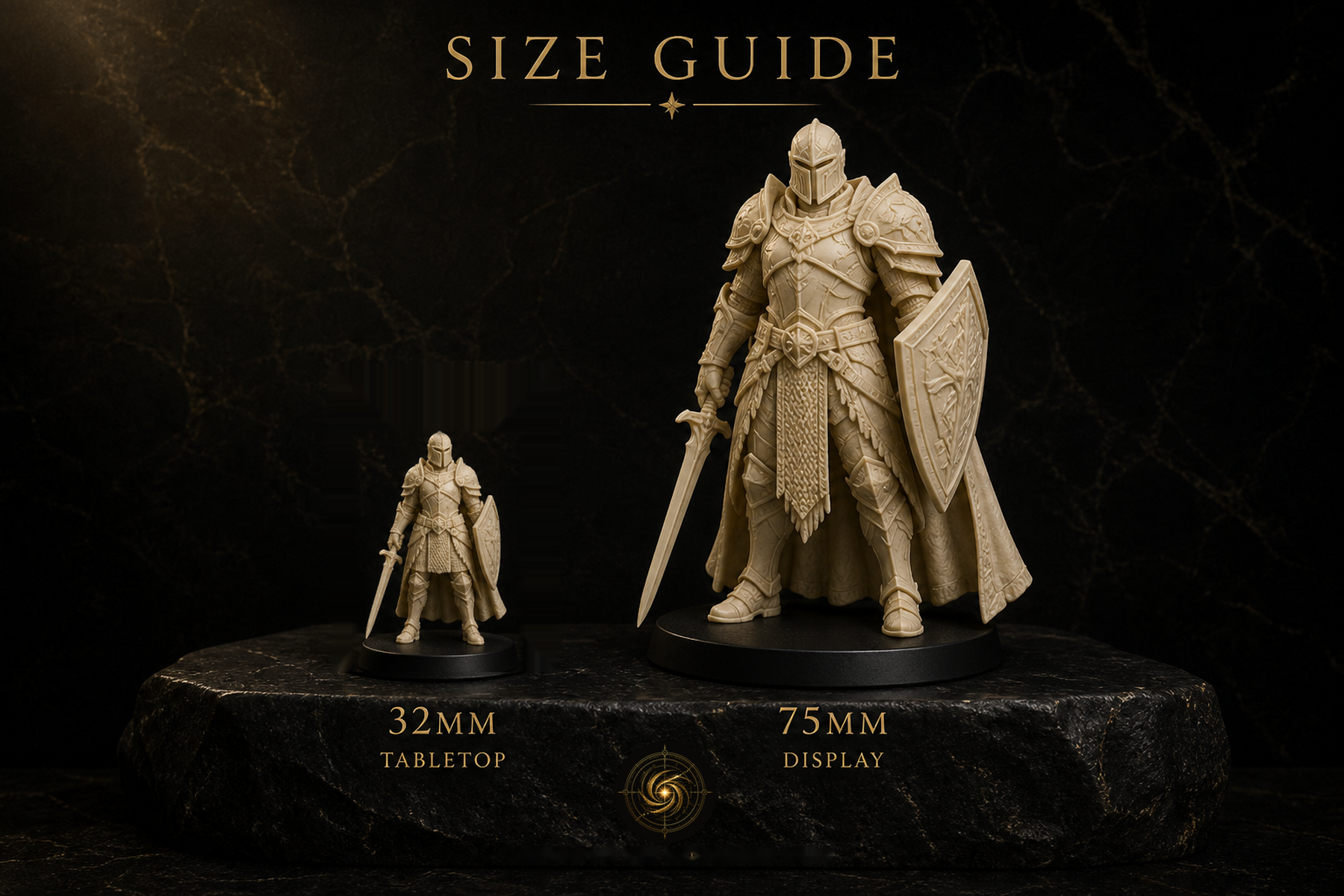 Size guide — 32mm tabletop and 75mm display
